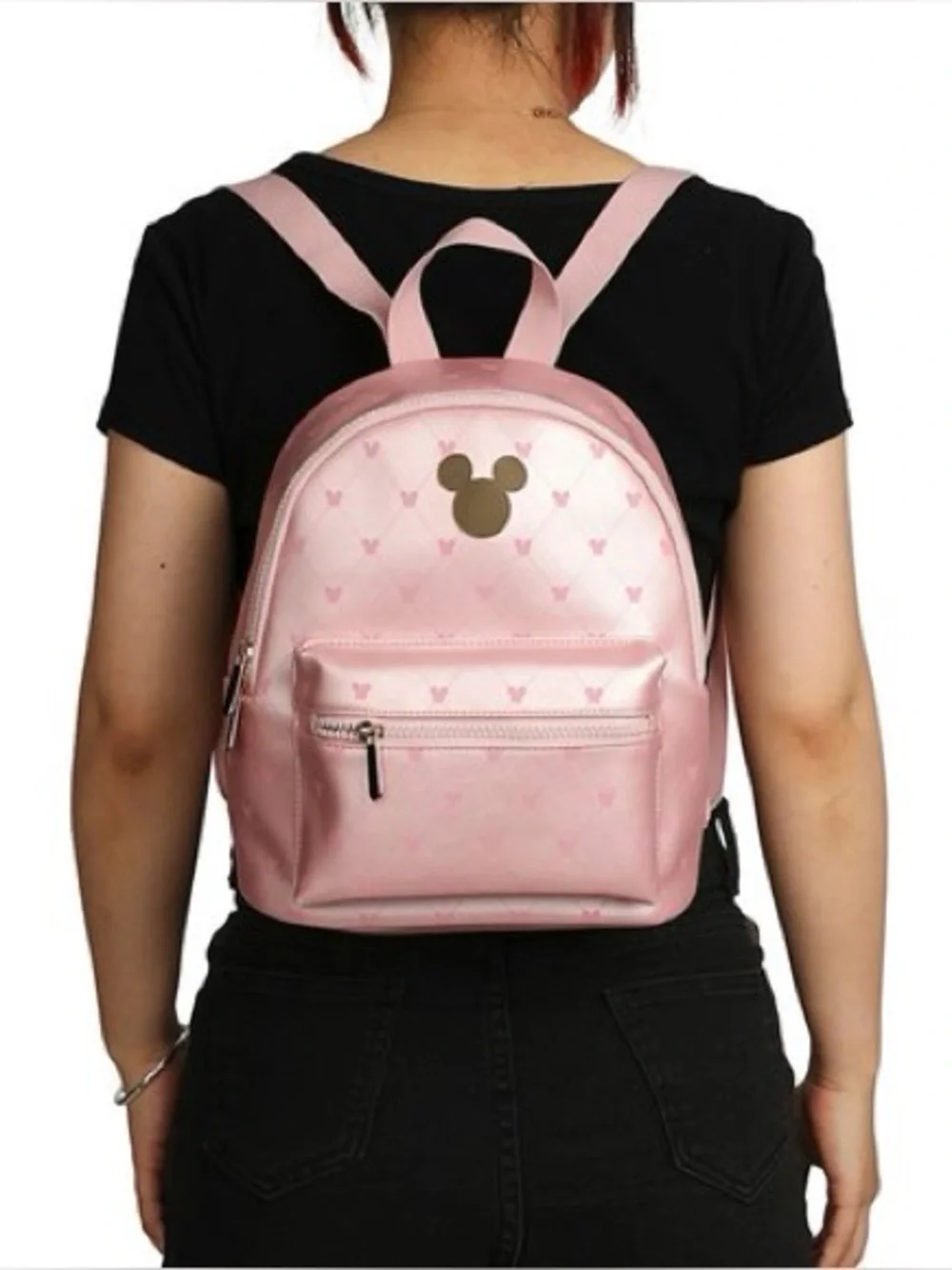 Disney Bioworld Pink Mickey Mouse Print with Gold Metal Badge Mini Backpack